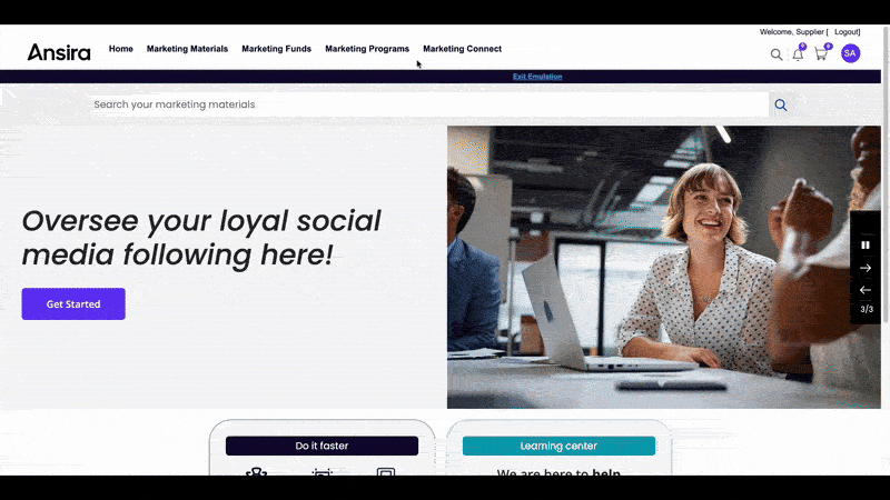 Ansira Attract interface showing local marketing materials, programs, marketing funds, and social media tools for distributed partners.