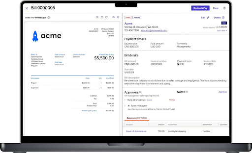 BILL invoice detail screen showing invoice information, payment status, approval workflow, and bill details.