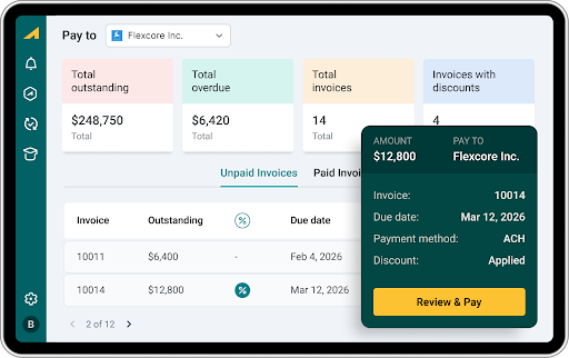 Centime customer payment portal showing outstanding invoices, overdue balances, invoice discounts, and an option to review and pay invoices.