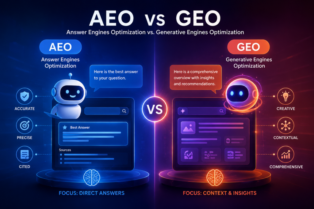 AEO vs. GEO infographic comparing Answer Engine Optimization for direct, cited answers with Generative Engine Optimization for contextual AI insights.