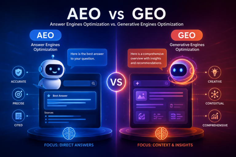 AEO vs. GEO infographic comparing Answer Engine Optimization for direct, cited answers with Generative Engine Optimization for contextual AI insights.