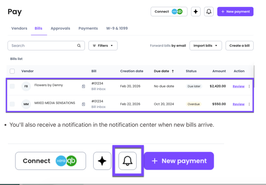 Melio bills dashboard showing vendor bills, due dates, payment status, and accounting software integrations.