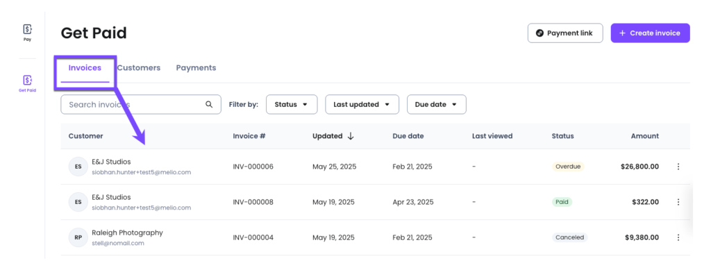 Melio invoice dashboard displaying customer invoices, payment status, due dates, and invoice amounts.