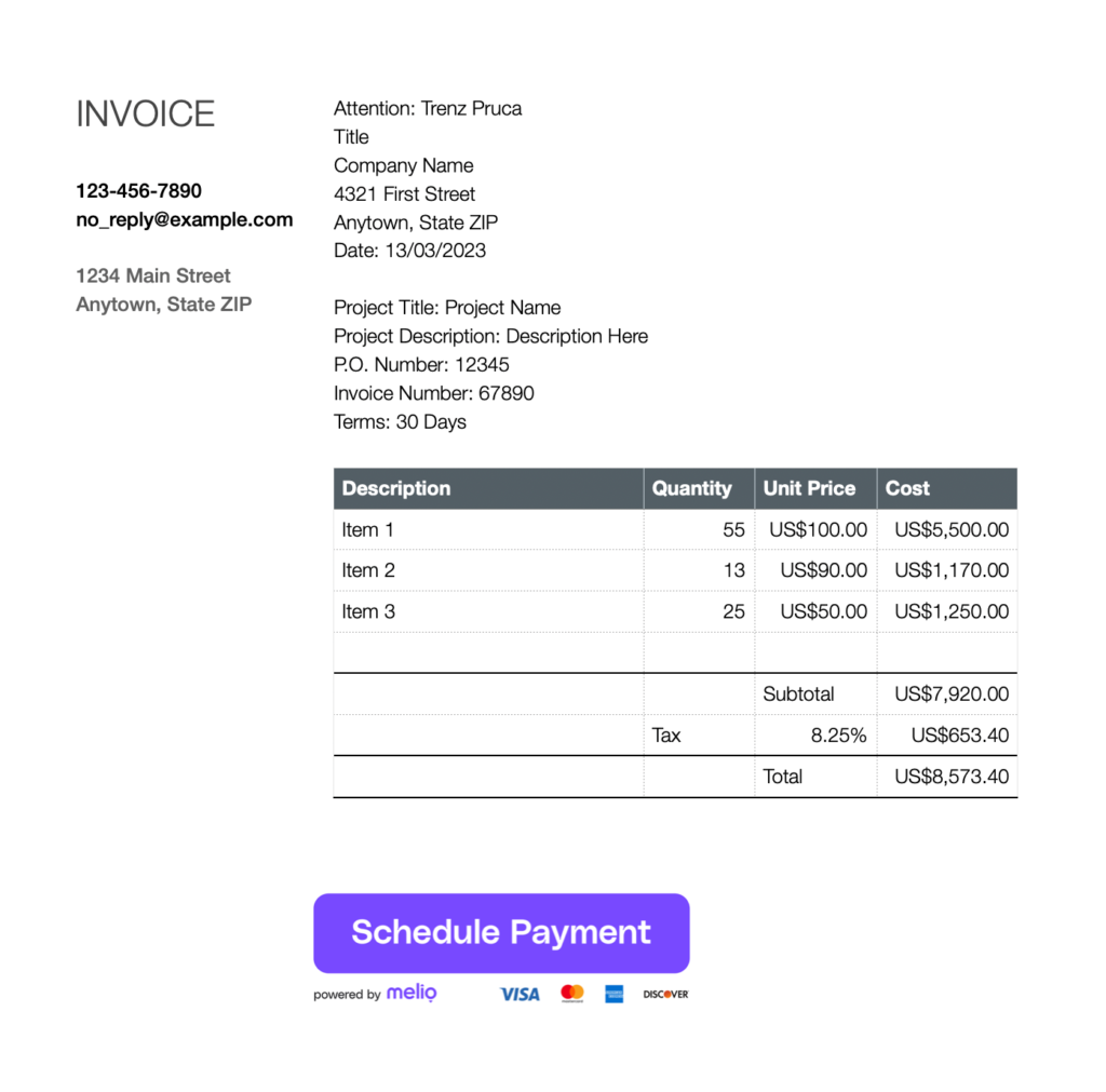 Melio invoice payment page displaying invoice details, line items, payment terms, total amount due, and a Schedule Payment button.