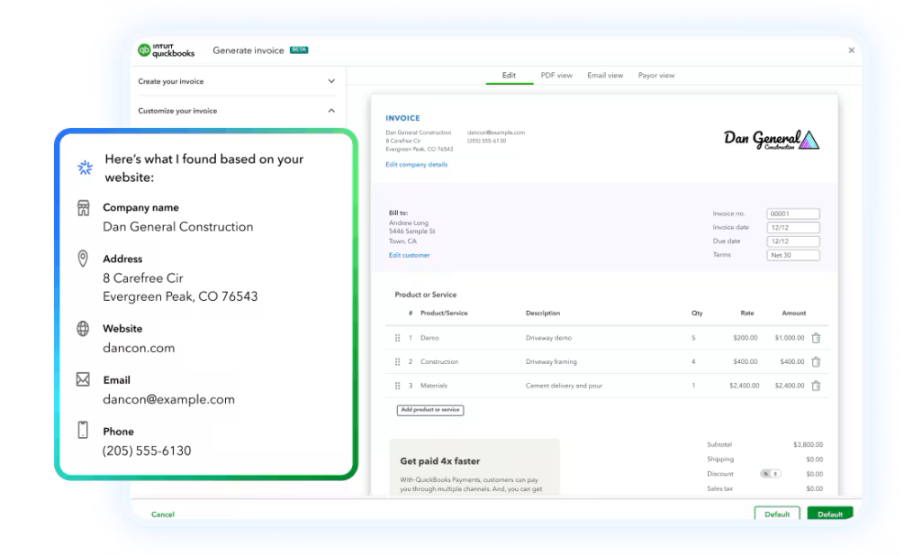 QuickBooks Online AI-powered invoice generator displaying a draft invoice with automatically populated business and customer information.