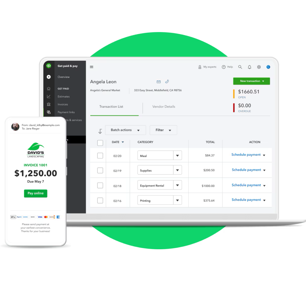 QuickBooks Online dashboard showing invoices, bills, payment requests, and online invoice payment options across desktop and mobile devices.