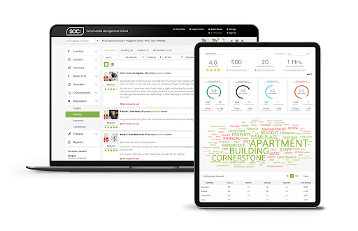 SOCi review management interface showing customer reviews, response tools, ratings, competitor comparisons, and sentiment insights.