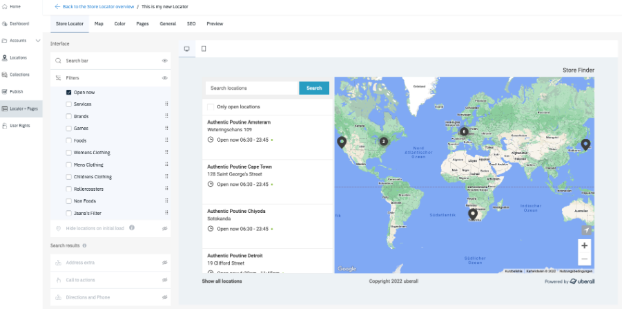 Uberall Locator & Pages builder showing store locator filters, search results, and a map with business locations.