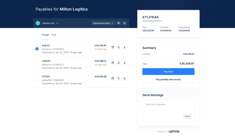 Upflow customer payment portal displaying outstanding invoices, due dates, payment summary, and options to pay invoices online.
