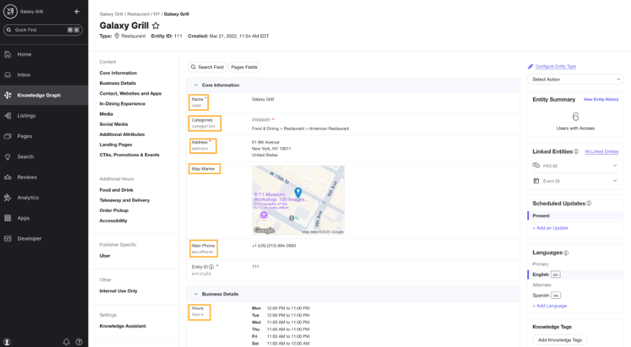 Yext Knowledge Graph showing structured business information for a location, including its address, map, phone number, categories, and hours.
