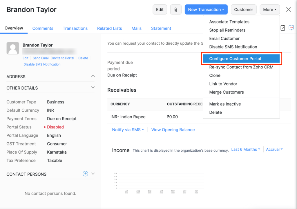 Zoho Books customer profile displaying customer details, receivables, and options to configure the customer portal.