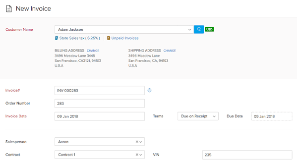 Zoho Books new invoice screen displaying customer information, invoice details, payment terms, and billing fields.