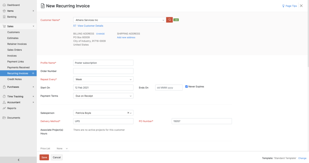 Zoho Books recurring invoice setup screen showing billing frequency, payment terms, and customer information.