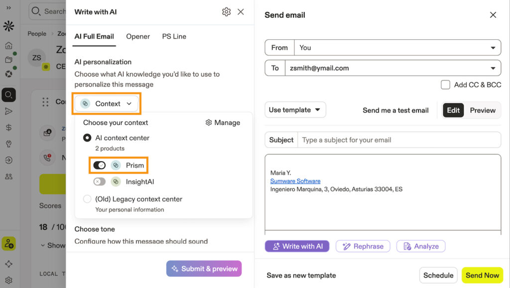 Apollo email composer showing AI personalization settings, selected contextual data, and options to write or rephrase an outreach email.
