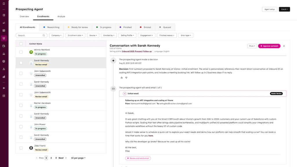 HubSpot Prospecting Agent showing prospect enrollments and a personalized outreach email awaiting approval.