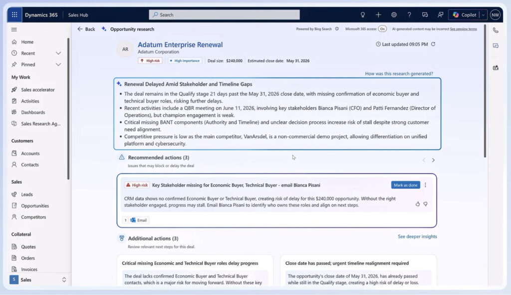 Dynamics 365 Sales Research Agent displaying opportunity risks, stakeholder gaps, and recommended next steps for a renewal deal.