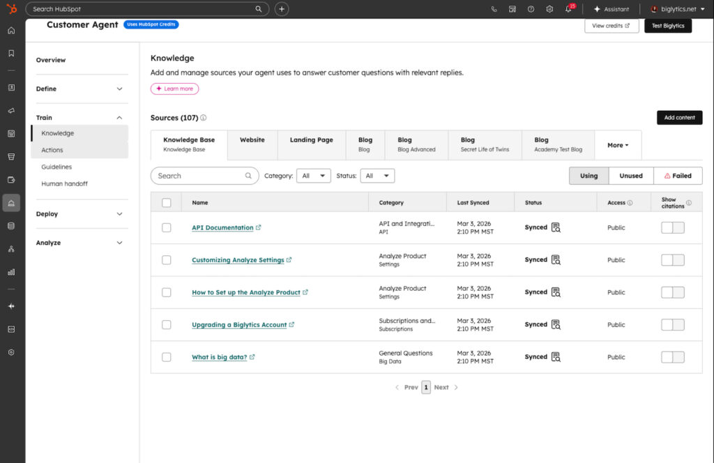HubSpot Customer Agent knowledge settings showing synced sources used to answer customer questions.