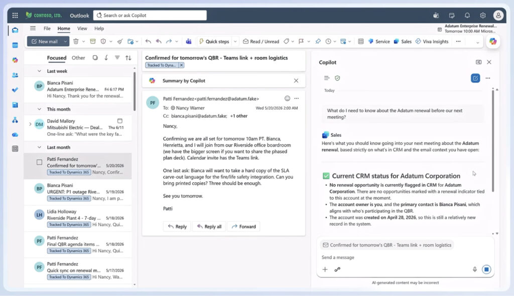 Microsoft Outlook showing a Copilot sales summary with CRM status and email context for an upcoming account renewal meeting.