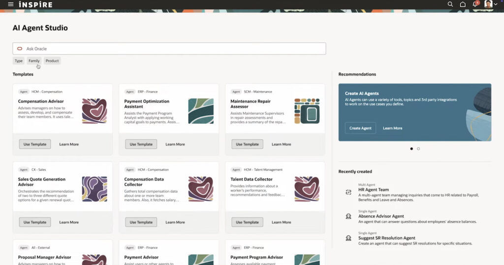 Oracle Fusion AI Agent Studio displaying templates for sales quote generation, payment optimization, compensation, maintenance, and talent management agents.