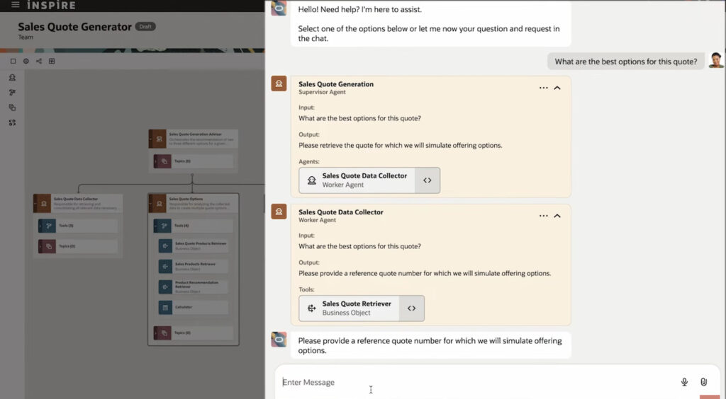 Oracle Fusion Sales Quote Generator showing a supervisor agent coordinating worker agents and business tools to prepare quote recommendations.
