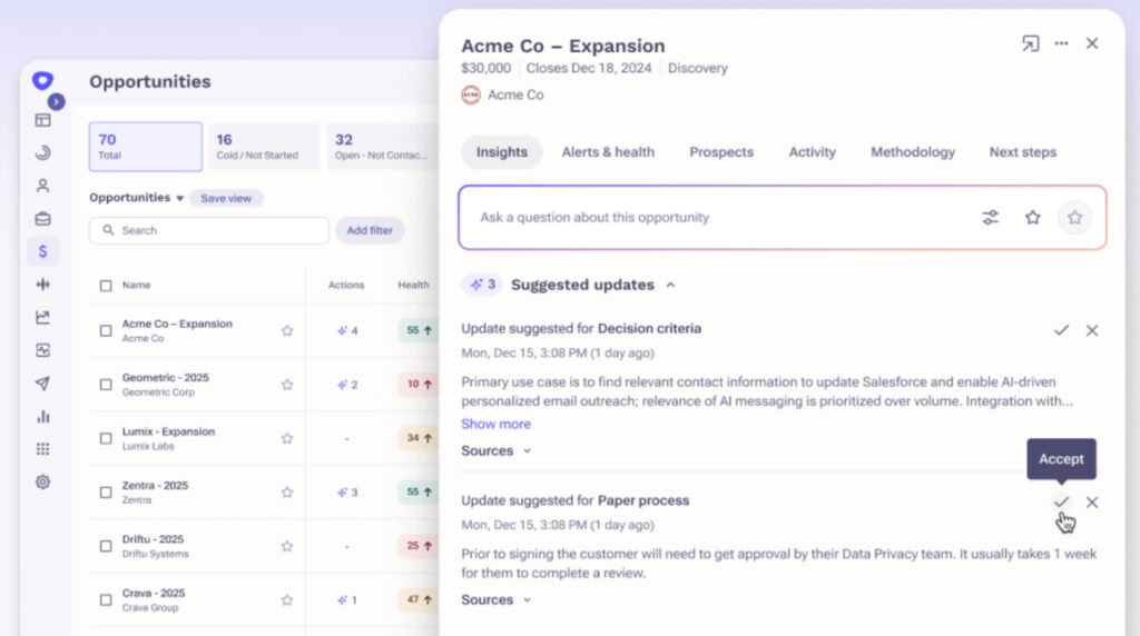 Outreach AI opportunity dashboard showing deal health, insights, and suggested CRM updates for review.