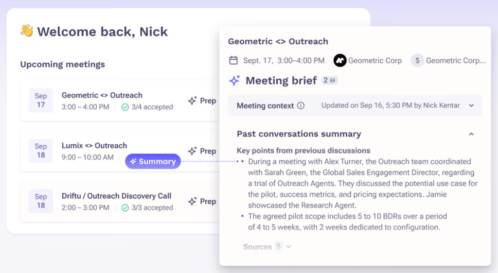 Outreach AI meeting brief summarizing previous discussions, pilot scope, and key context before a sales call.