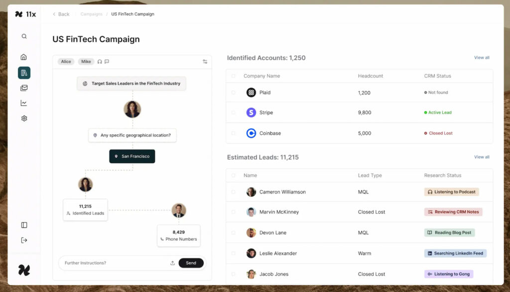 11x Alice identifying fintech accounts and researching prospective leads for an outbound campaign.