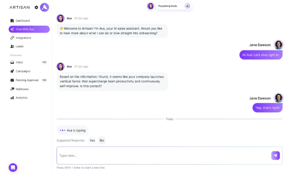 Chat with Ava to configure targeting and prepare an automated outbound campaign.