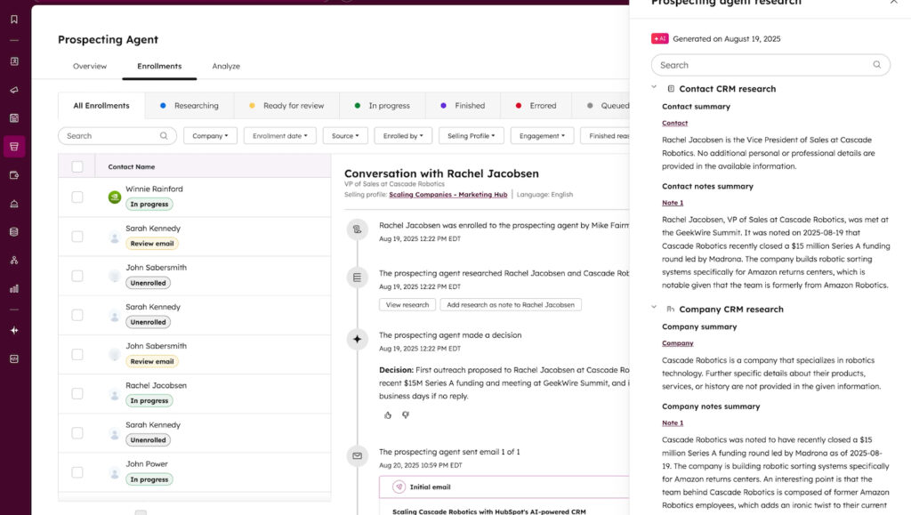 HubSpot Prospecting Agent dashboard showing contact enrollments, AI prospect research, outreach decisions, and email activity.
