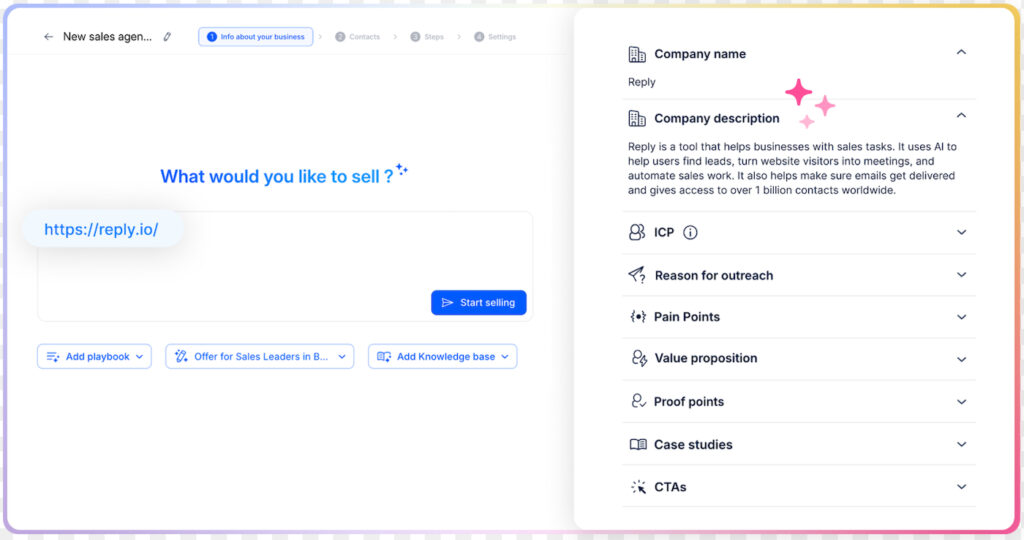 Jason AI by Reply campaign setup showing fields for company details, target customer profile, pain points, value proposition, proof points, and calls to action.