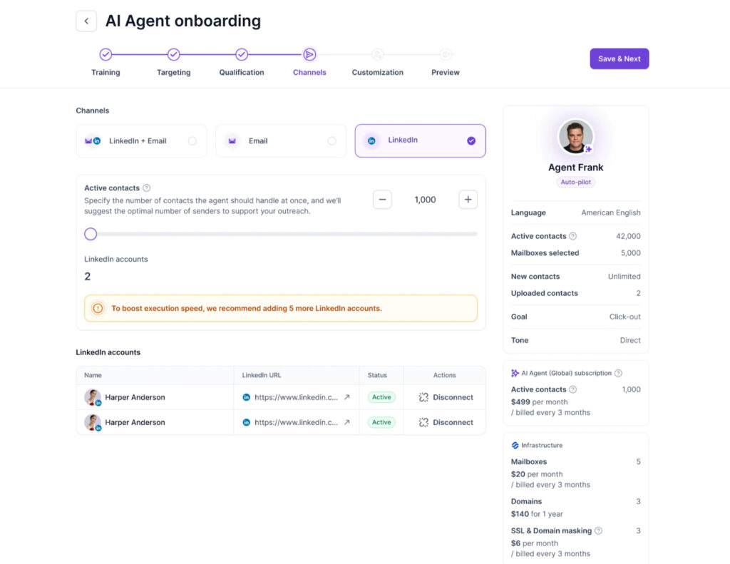Agent Frank onboarding screen with email and LinkedIn channel options, active-contact settings, language, mailboxes, and domains.