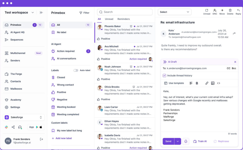 Salesforge inbox showing prospect conversations, response labels, and an AI-generated email draft from Agent Frank.