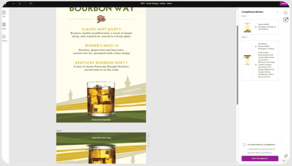 Ansira Create editor reviewing a beverage menu and flagging missing disclosures and other compliance issues.