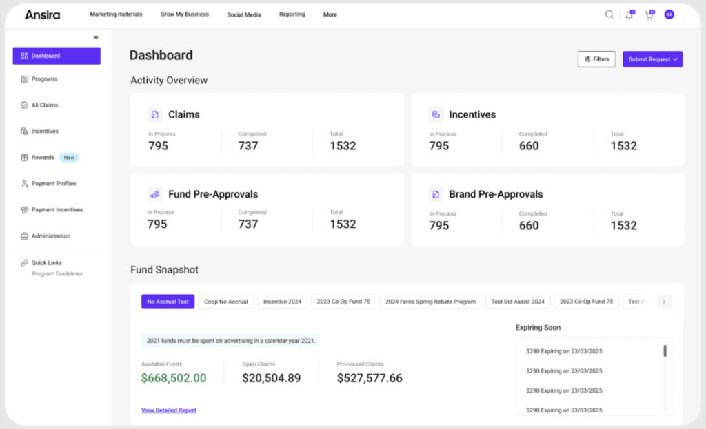 Ansira Incent dashboard displaying claims, incentives, preapprovals, available funds, and processed claim totals.