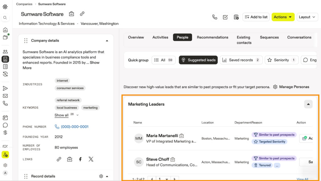Apollo.io company profile showing suggested marketing leads matched by persona, seniority, and similarity to past prospects.