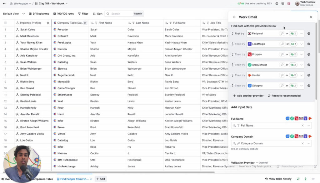 Clay waterfall enrichment workflow searching multiple providers for prospects’ work email addresses.