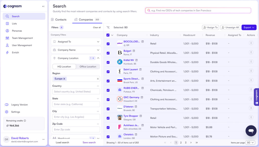 Cognism search dashboard displaying European companies filtered by location, industry, headcount, and revenue.