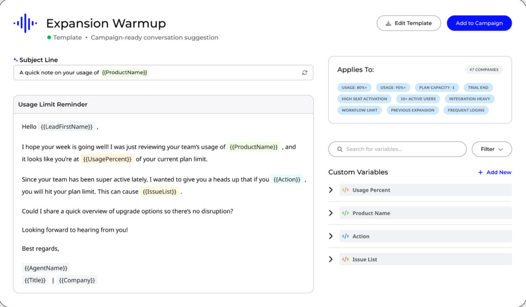Conversica Expansion Warmup template with a personalized follow-up email, account targeting criteria, and customizable message variables.