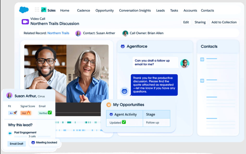 Salesforce Sales Cloud interface showing Agentforce prioritizing a lead, drafting a follow-up email, and updating an opportunity after a video call.