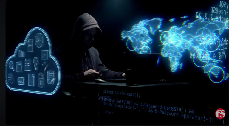 Hooded hacker at a computer surrounded by cloud, code, and global network graphics, with the F5 logo.