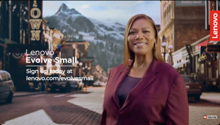 Queen Latifah in a Lenovo Evolve Small video with a small-town business district and campaign sign-up link behind her.