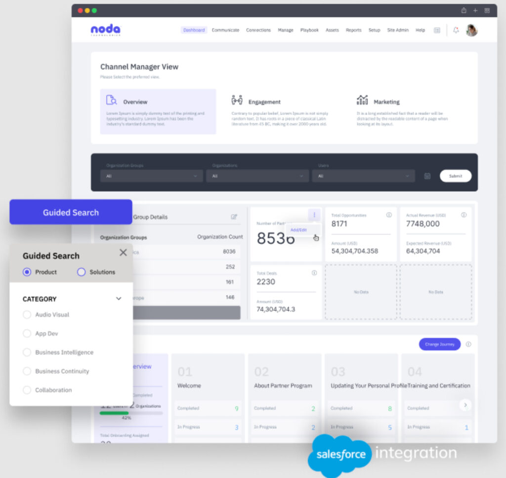 Mindmatrix Salesforce integration centralizing partner data, opportunities, revenue, guided search, and onboarding workflows.