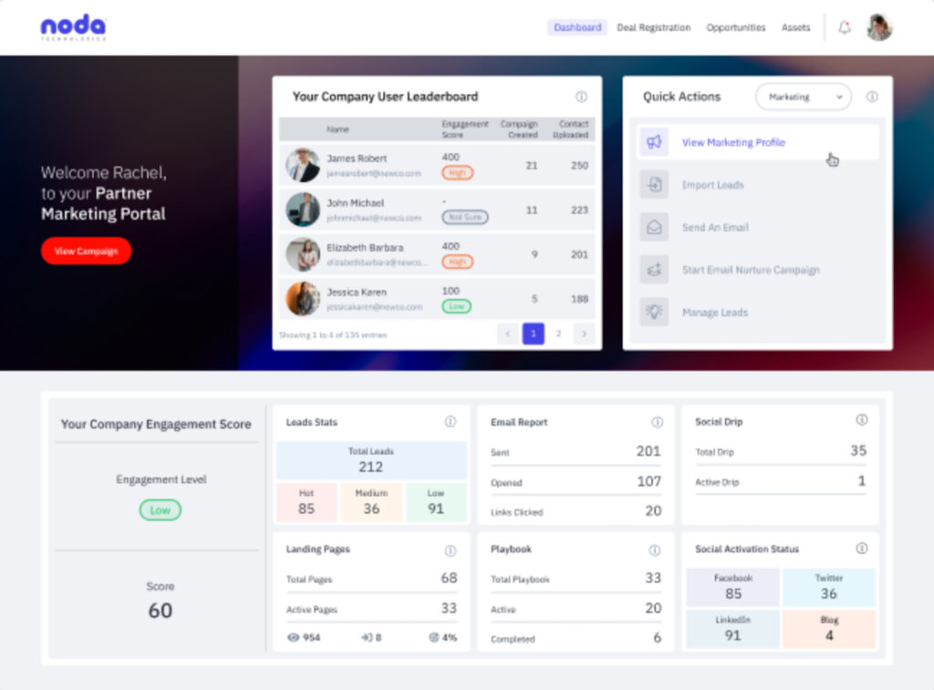 Mindmatrix partner portal showing campaign actions, user engagement, lead statistics, email results, and social activity.