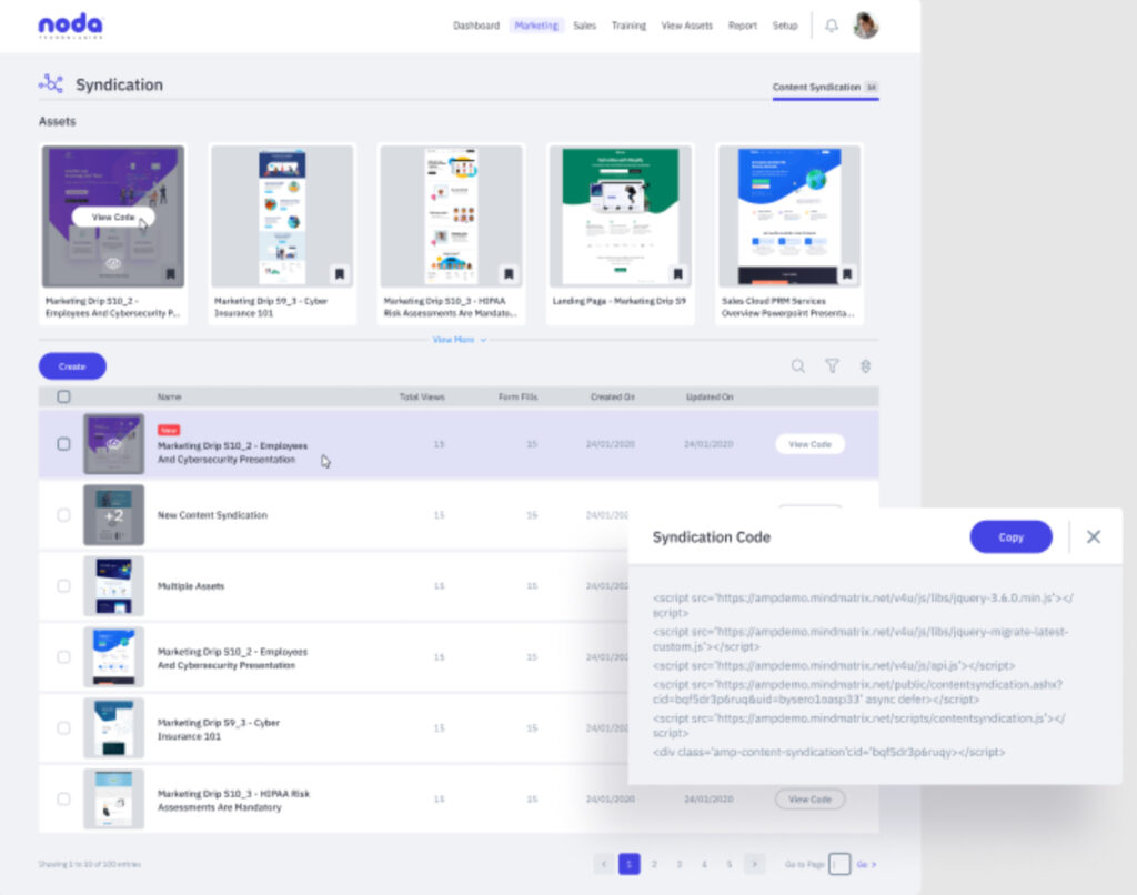 Mindmatrix content syndication screen showing approved assets, performance data, and embeddable syndication code.