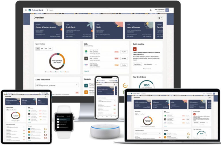 Oracle digital banking dashboard displayed across a desktop, laptop, tablet, smartphone, smartwatch, and smart speaker.