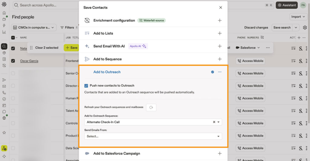 Apollo workflow settings showing selected contacts being pushed automatically into an Outreach email sequence.