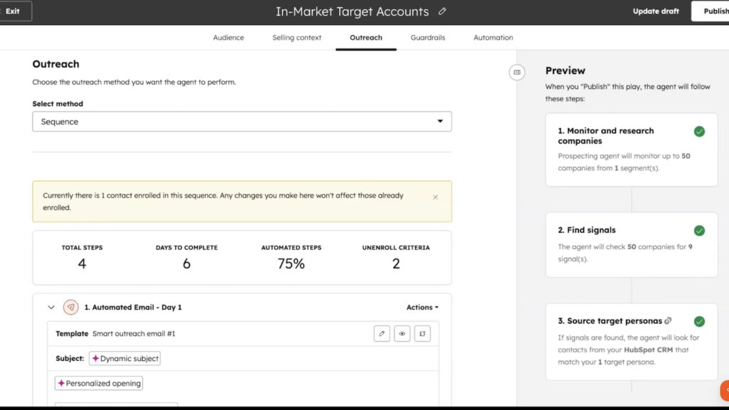 HubSpot Prospecting Agent outreach workflow showing automated emails and a preview of its research, signal detection, and persona-sourcing steps.