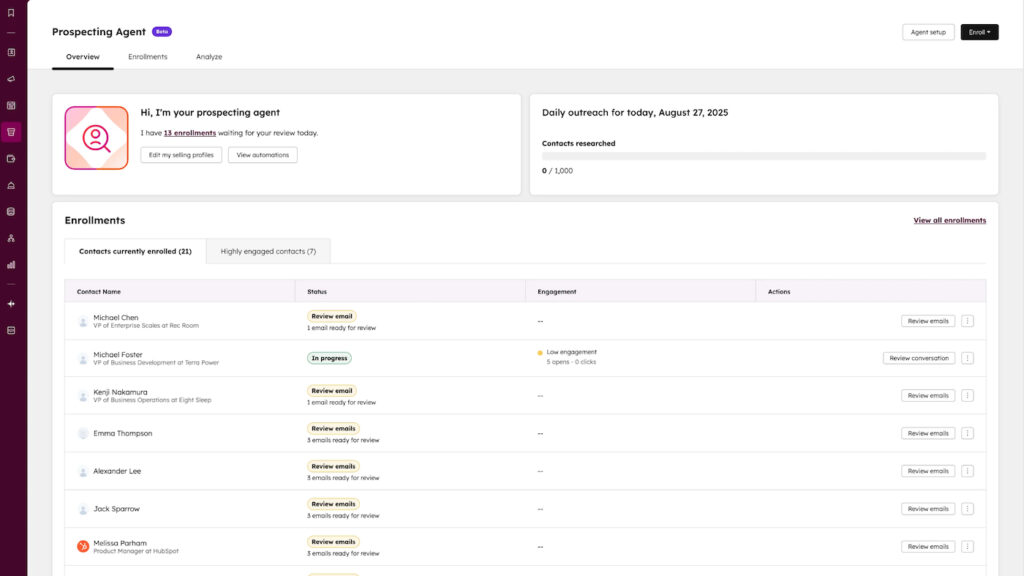 HubSpot Prospecting Agent overview listing enrolled contacts, email review status, engagement, and daily outreach activity.