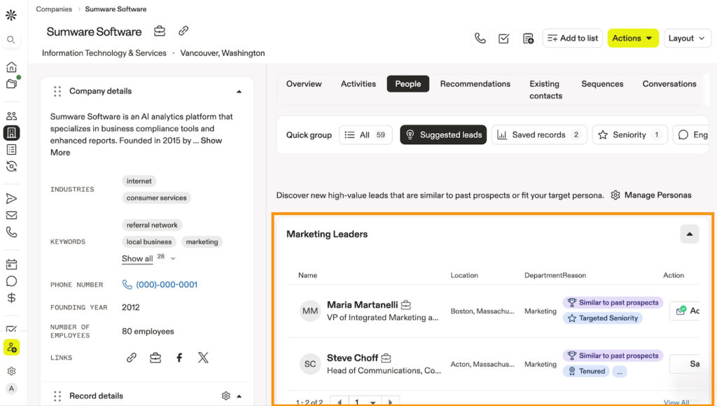 Apollo company profile showing suggested marketing leads based on prospect similarity, seniority, and target-persona fit.