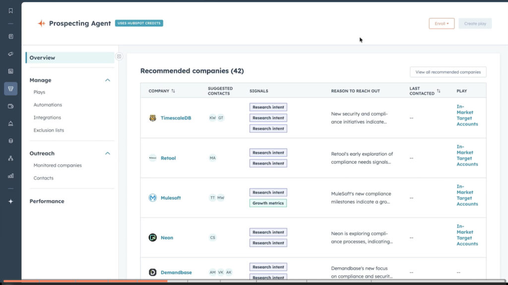 HubSpot Prospecting Agent timeline showing completed prospect research, its outreach decision, and a personalized email awaiting approval.